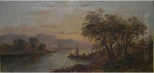 An Irish River Landscape With Figures About To Cross The River In A Sail Boat, Mountains Beyond. Oil Painting by William McEvoy