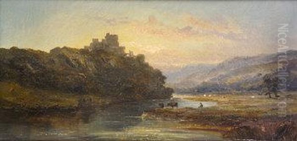 Mountain River Landscape With Figures; Castle By River With Figures And Cattle Oil Painting by William McEvoy