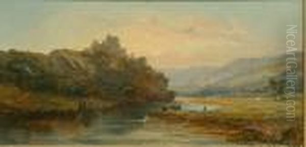 A River Scene With Cattle Grazing And A Castle Beyond At Sunset; An Upland River Scene With Mountains Beyond Oil Painting by William McEvoy