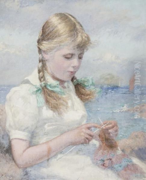 Girl Knitting Oil Painting by John Mcghie