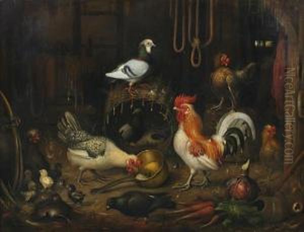 Chickens And Pigeons In A Barn Oil Painting by Mcghrehan