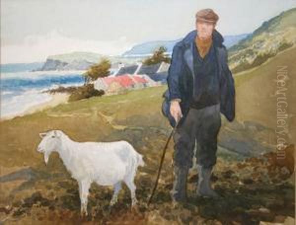 Man With A Goat - Antrim Coast Oil Painting by Joseph Wrightson McIntyre