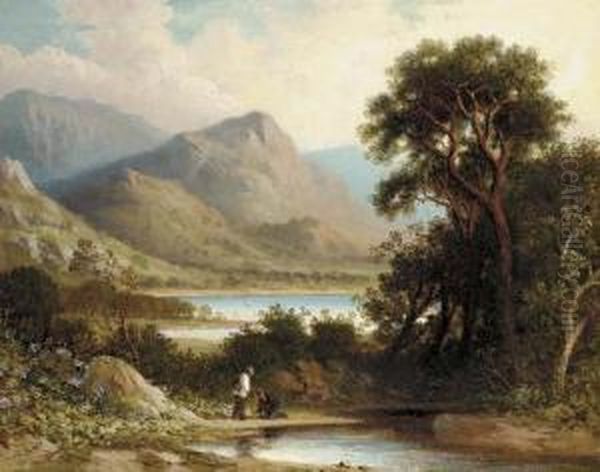 Anglers In A Mountainous Landscape Oil Painting by Joseph Wrightson McIntyre