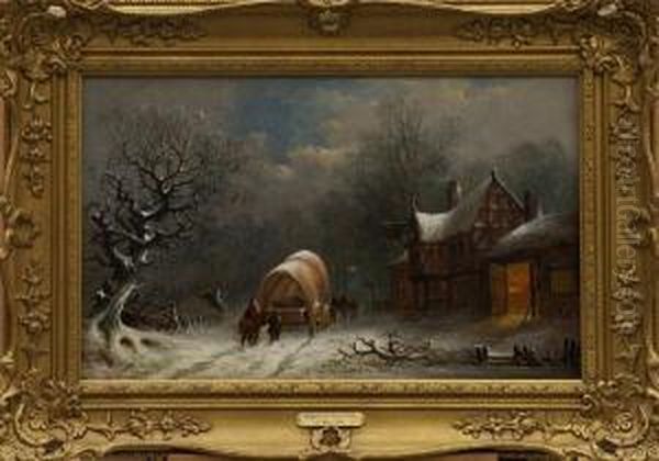 Winter Scene With Travellers And A Coveredwagon Beside An Inn Oil Painting by Joseph W. Mcintyre