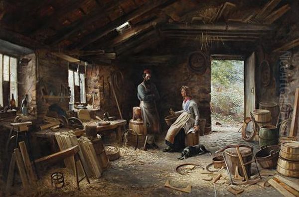 A Cooper's Workshop Oil Painting by Joseph Wrightson McIntyre