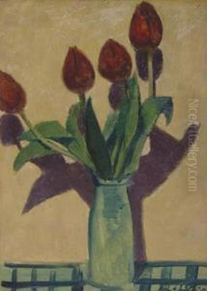 Tulips On A Green Check Cloth Oil Painting by Raymond Francis Mcintyre