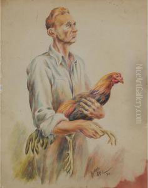 Man With Rooster Oil Painting by Charles C. Mckim