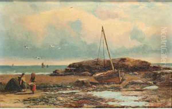 Two Figures Carrying A Cockle Basket Along A Craggy Seashore Oil Painting by Duncan Fraser Mclea