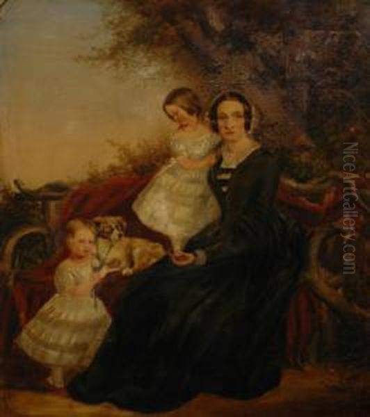 A Garden Portrait Of A Mother, Two Daughters And Their Dog. Oil Painting by John Mcleod