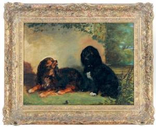 Two King Charles Spaniels In A Landscape Oil Painting by William Mcleod