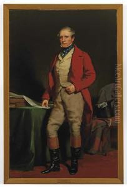 Portrait Of William Aird, Member Of The Lanarkshire And Renfrewshire Foxhounds, Full-length, In Hunting Dress, Standing By A Green Draped Table, His Right Hand Resting On A Newspaper Oil Painting by Daniel Macnee