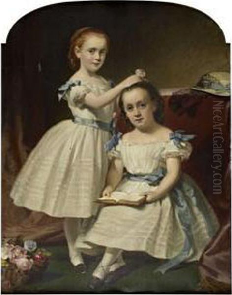 Portrait Of Two Young Girls With Flowers Reading Oil Painting by Daniel Macnee