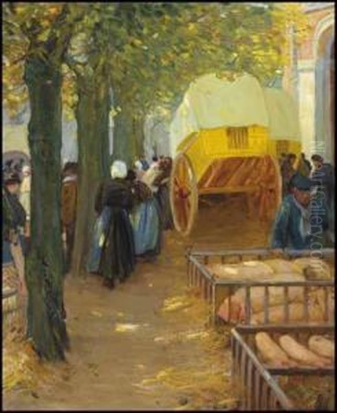 Market In Brittany Oil Painting by Helen Galloway Mcnicoll