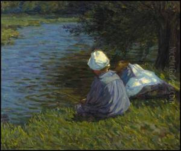 Children By Stream Oil Painting by Helen Galloway Mcnicoll