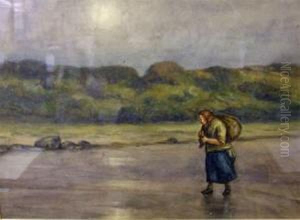 The Whelk Gatherer, Winter Moon Rise Oil Painting by Chris Meadows