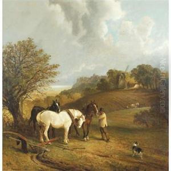 Sussex Landscape With Horses And Ploughman In The Foreground Oil Painting by Edwin Long Meadows