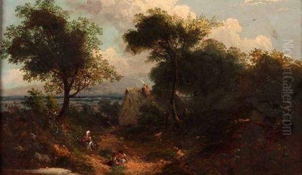 Figures In A Country Lane With Cottage Beyond Oil Painting by Edwin Long Meadows