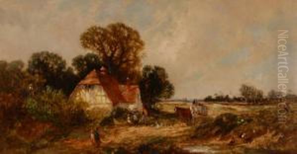 Figures And A Horse Drawn Cart By A Timber Framed Rural Cottage Oil Painting by Edwin Long Meadows