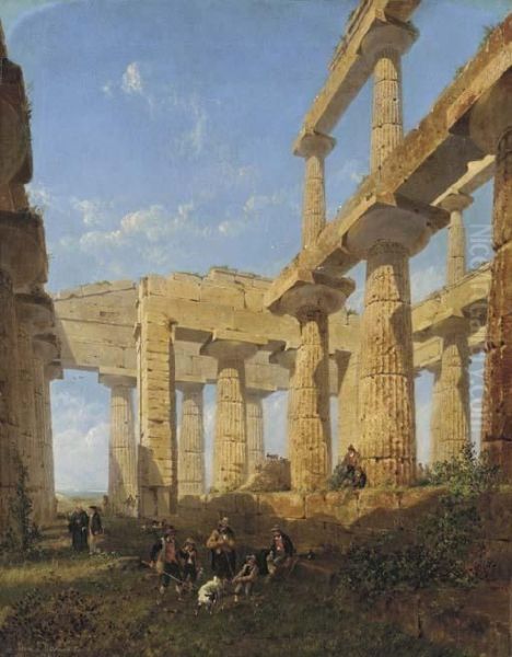 Travelers Resting At The Great Temple At Paestum Oil Painting by Edwin Long Meadows