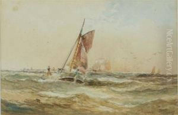 A Fishing Boat And Further Vessels At Sea Oil Painting by James Edwin Meadows