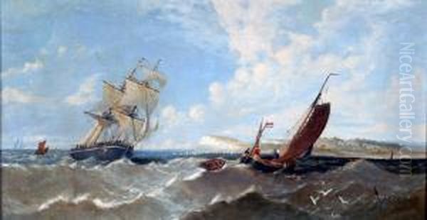 Marine View, With Twin Masted Ship And Sailing Ship In The Foreground; And A Companion Pair Oil Painting by James M., Meadows Snr.