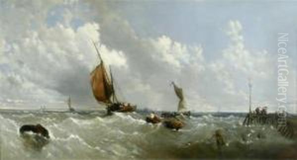 Fishing Boats Off A Pier Oil Painting by James M., Meadows Snr.