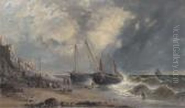 Fishermen Pulling Rye Trawlers Up The Beach Out Of The Surf Oil Painting by James M., Meadows Snr.