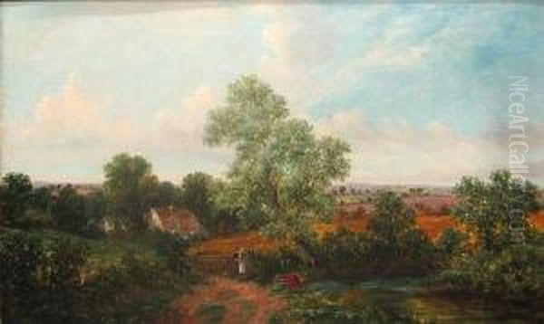 A Country Landscape With A Woman And Twochildren By A Pond Oil Painting by William Meadows