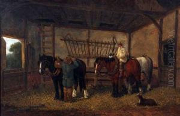 Workhorses And Figures In A Stable Oil Painting by William Meadows