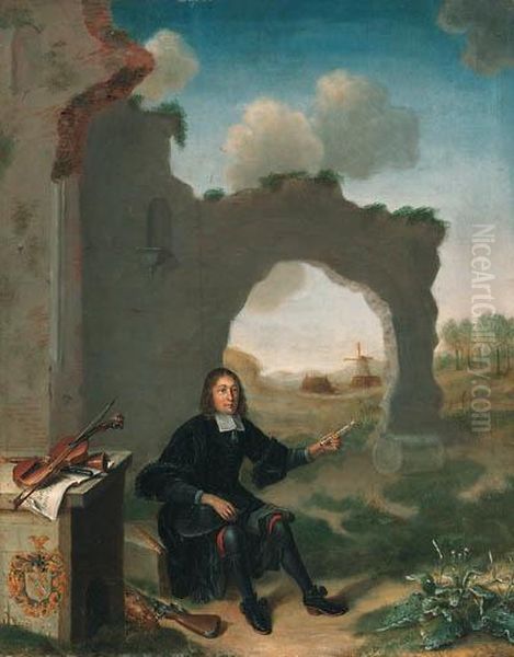 Portrait Of A Gentleman, Small Full-length, Seated On A Stone Blockholding A Flute, Before A Ruined Church In A Wooded Landscape,musical Instruments And A Score On A Stone Bench, A Gun And A Deadduck At His Feet Oil Painting by G. Meall