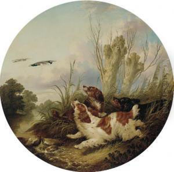 Spaniels Flushing Mallards Oil Painting by A. Mearns