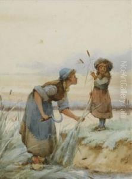 -woman With Child Collectingbulrushes Oil Painting by A. Mearns