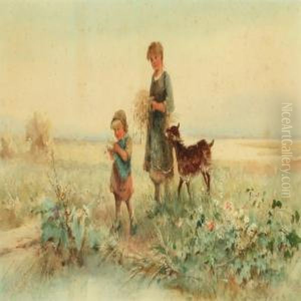 Girls And Goat On A Flowerfield Oil Painting by Fanny Mearns