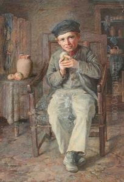 Young Boy Seated Eating An Apple Oil Painting by Henry Measham