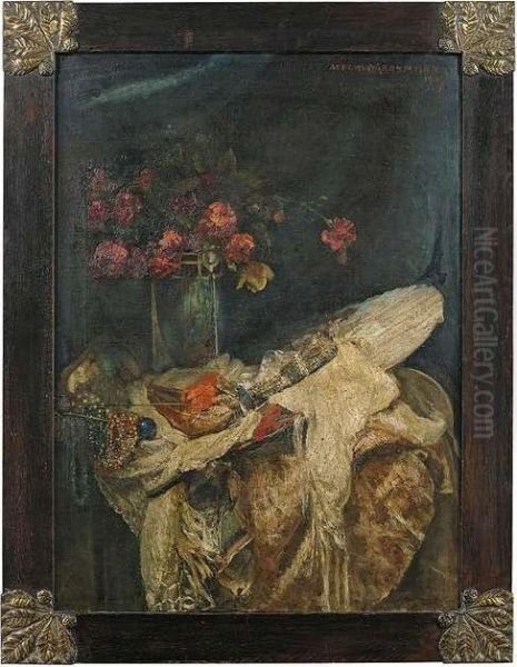 Still Lifewith Flowers, Jewellery, Fan, Stole And Shoe. Oil Painting by Hedwig Grossmann