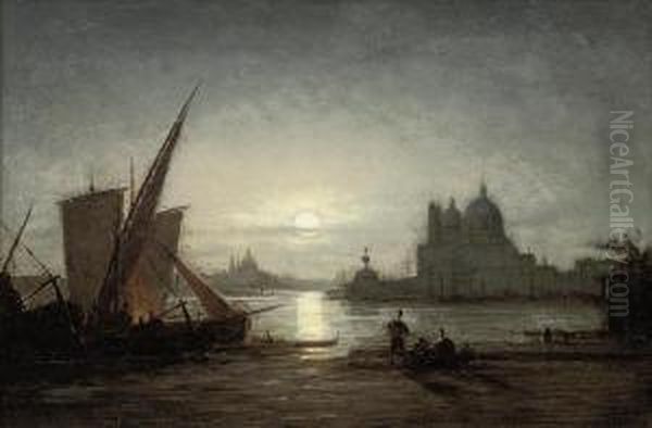 Fisherfolk Before Santa Maria Della Salute Under The Moon Oil Painting by Ludwig Mecklenburg