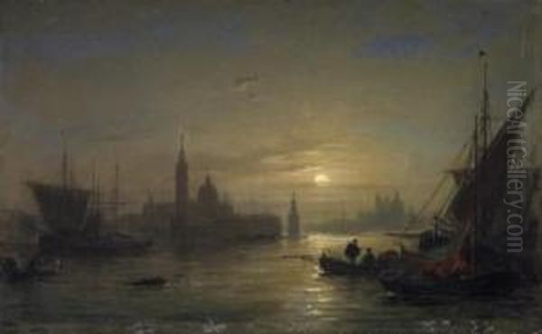 Venice. Idyllic View Of The Lagune-city In The Moonlight. Signed And Dated Bottom Right: L. Mecklenburg 1858 Oil Painting by Ludwig Mecklenburg