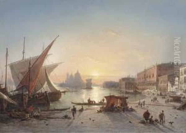 Ships Docked At The Riva Degli Schiavoni With Palazzo Ducale And Santa Maria Della Salute, Venice Oil Painting by Ludwig Mecklenburg