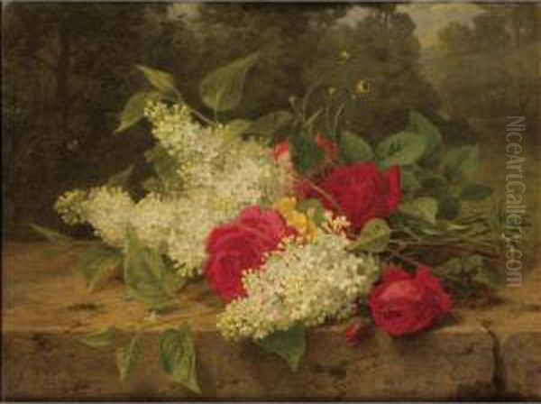 Lilas Et Roses Rouges [ ; Lilac And Red Roses ; Signed Lower Left J Medard ; Oil On Canvas] Oil Painting by Jules Ferdinand Medard