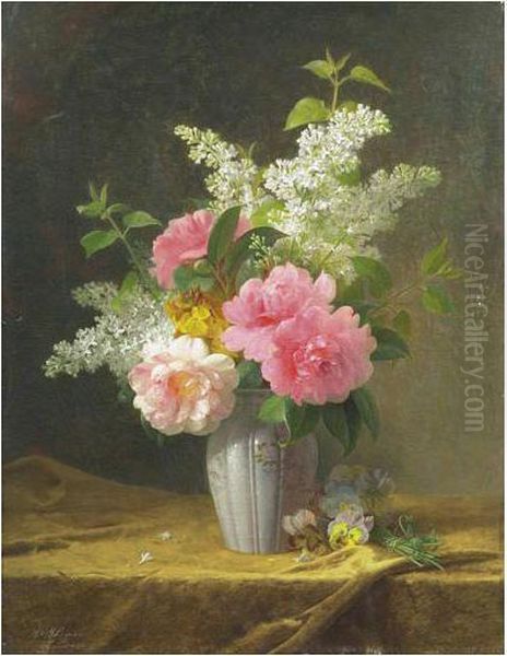 Vase De Lilas Et Pivoines Oil Painting by Jules Ferdinand Medard