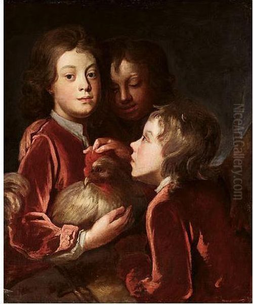 Three Boys With A Chicken Oil Painting by John Medina