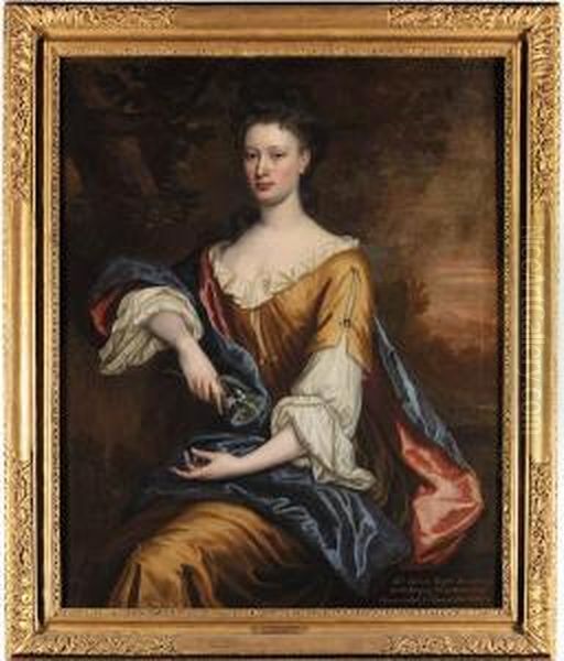 Portrait Of Helen Hope, Countess Of Haddington,three-quarter-length, Seated, In A Dark Yellow Dress, With A Redlined Blue Wrap, Holding A Sprig Of Blossom In A Right Hand, In Awooded Landscape Oil Painting by John Medina