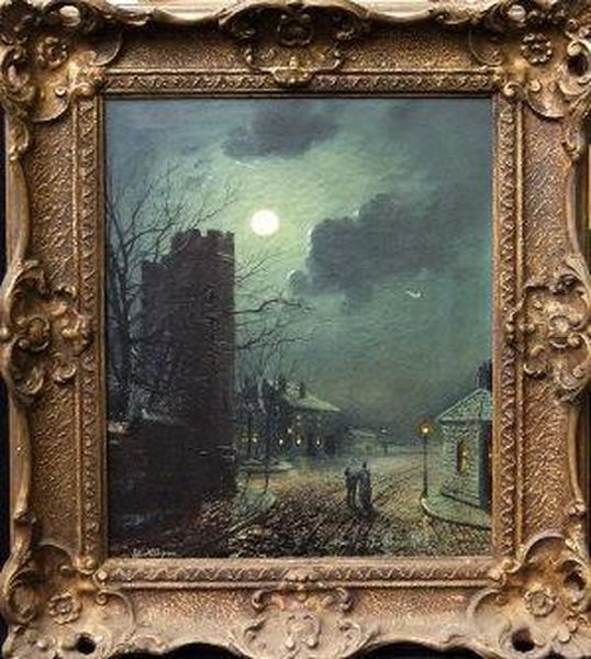 Moonlit Street Scene With A Couple Strolling Oil Painting by Walter Meegan