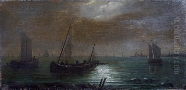 'fishing Boats' - By Moonlight Oil Painting by Walter Meegan