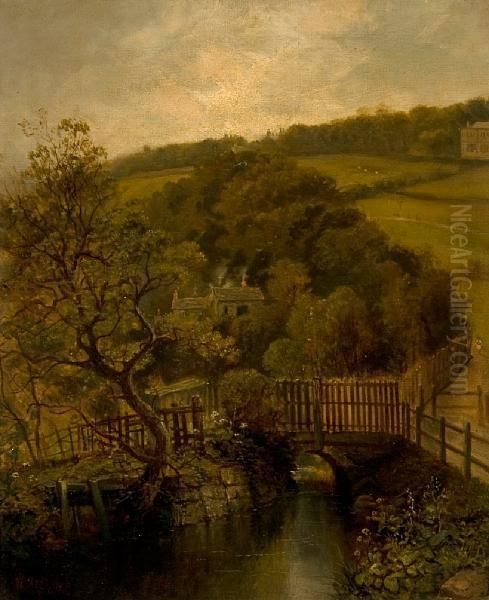 Bridge Over A Stream Before Cottages In Awooded Landscape Oil Painting by Walter Meegan