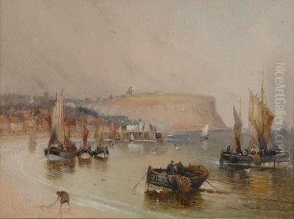 Scarborough, Fishing Boats At First Light Oil Painting by Walter Meegan