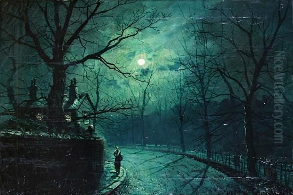 A Moonlit Street Oil Painting by Walter Meegan