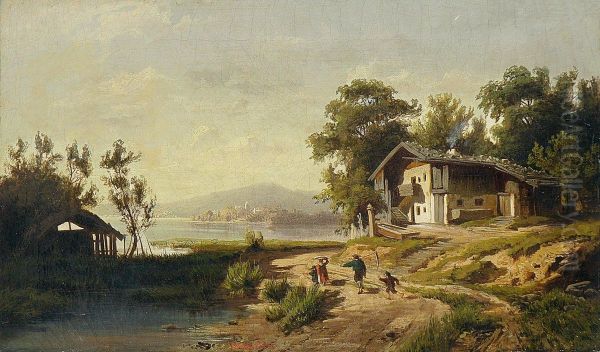 Bauernhaus Am See Mit Heimkehrenden Bauern Oil Painting by J. M. Meeker