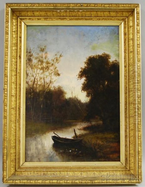 Stream With Rowboat At Dusk Oil Painting by Joseph Rusling Meeker