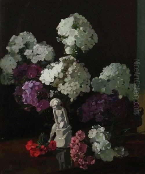 Hydrangeas And Nosegays With Putto On A Tabletop Oil Painting by Frederick George Meekley